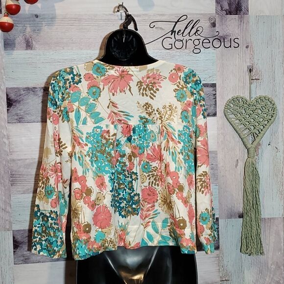 Emma James Creamy Teal Peach Floral Stretchy Sweater, Sz L - Picture 5 of 7